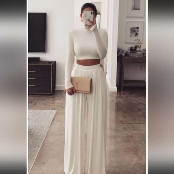 New! 2 PC Black Wide Leg Pant Trouser Long Sleeve Crop Top Set - Picture 3 of 4